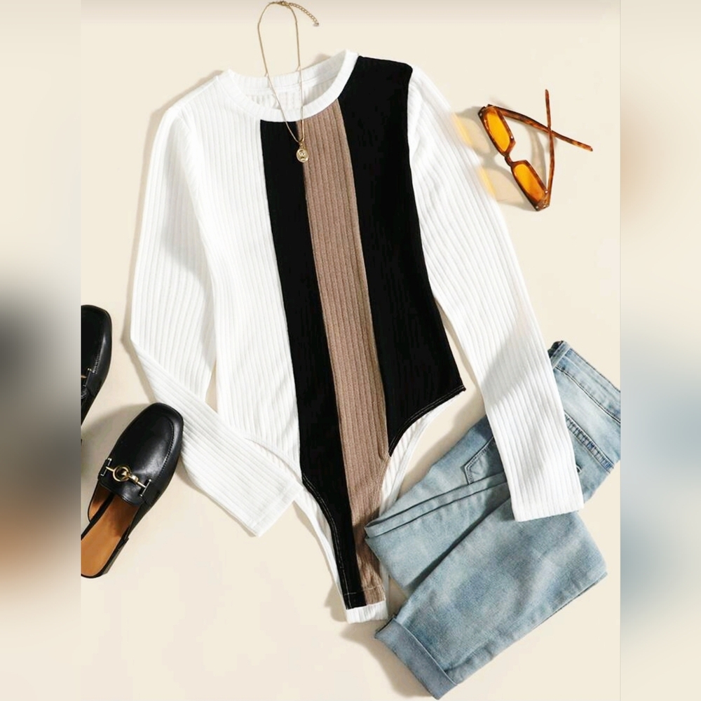 Elegant Women's Colorblock Bodysuit - White, Black, Tan
